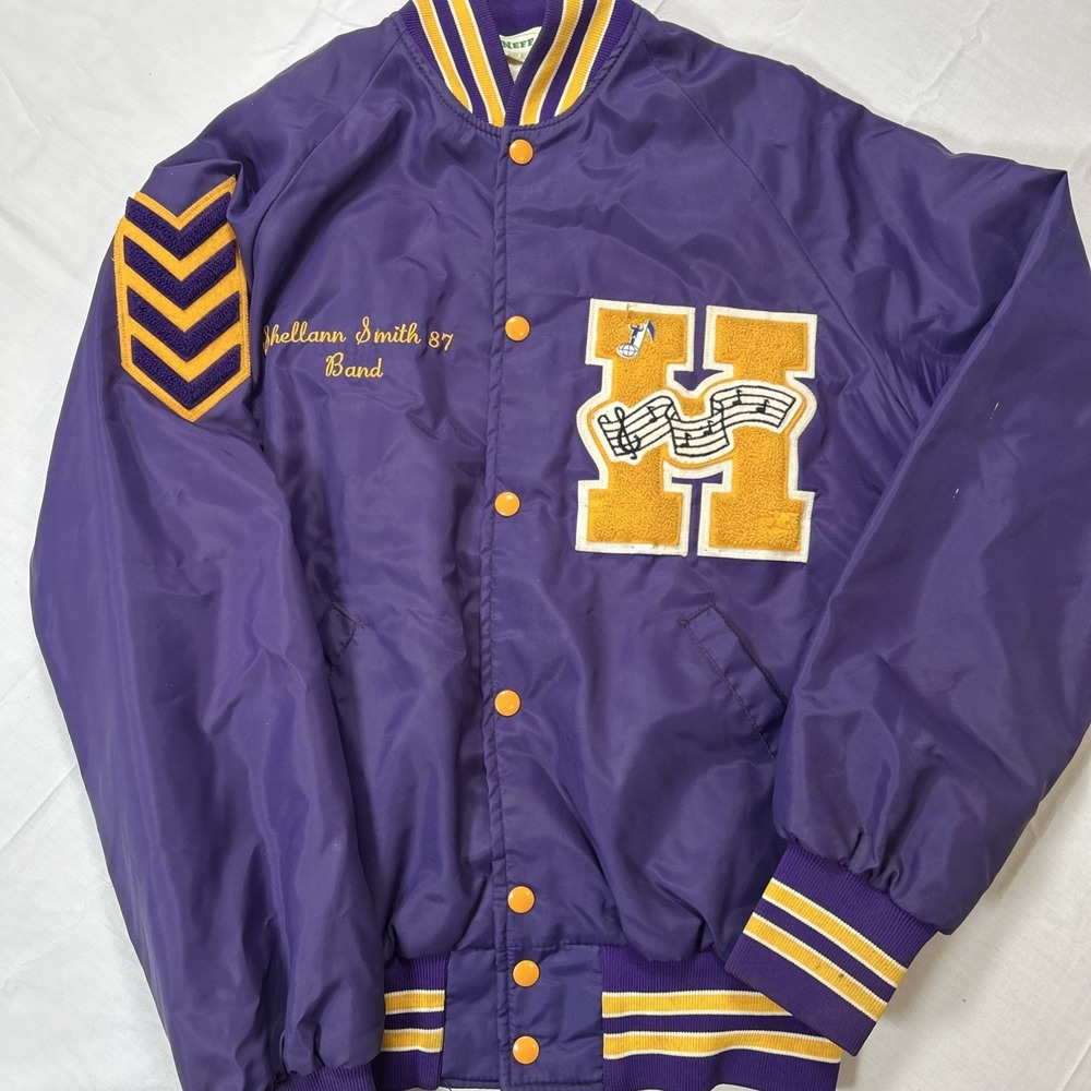 Vintage Band Letterman Jacket Size Small 80s Purple Snap Button Made In USA